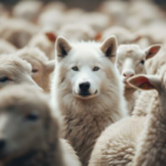 A cunning wolf blends in with sheep representing individuality amidst conformity or concealed threats.
