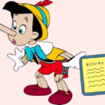 Pinocchio holding a resume with his nose grown long indicating a lie.