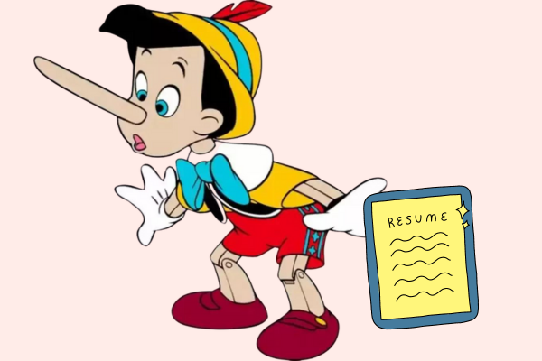Pinocchio holding a resume with his nose grown long indicating a lie.