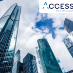 Accession logo on an image of skyscrapers from the ground up.