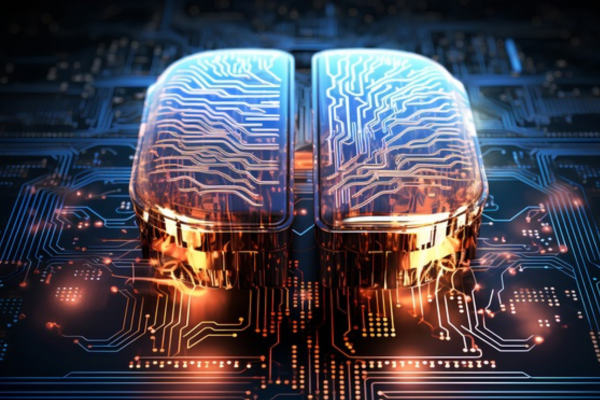 Human brain glowing from on top of a computer processor, symbolizing the fusion of human intelligence and machine learning capabilities.