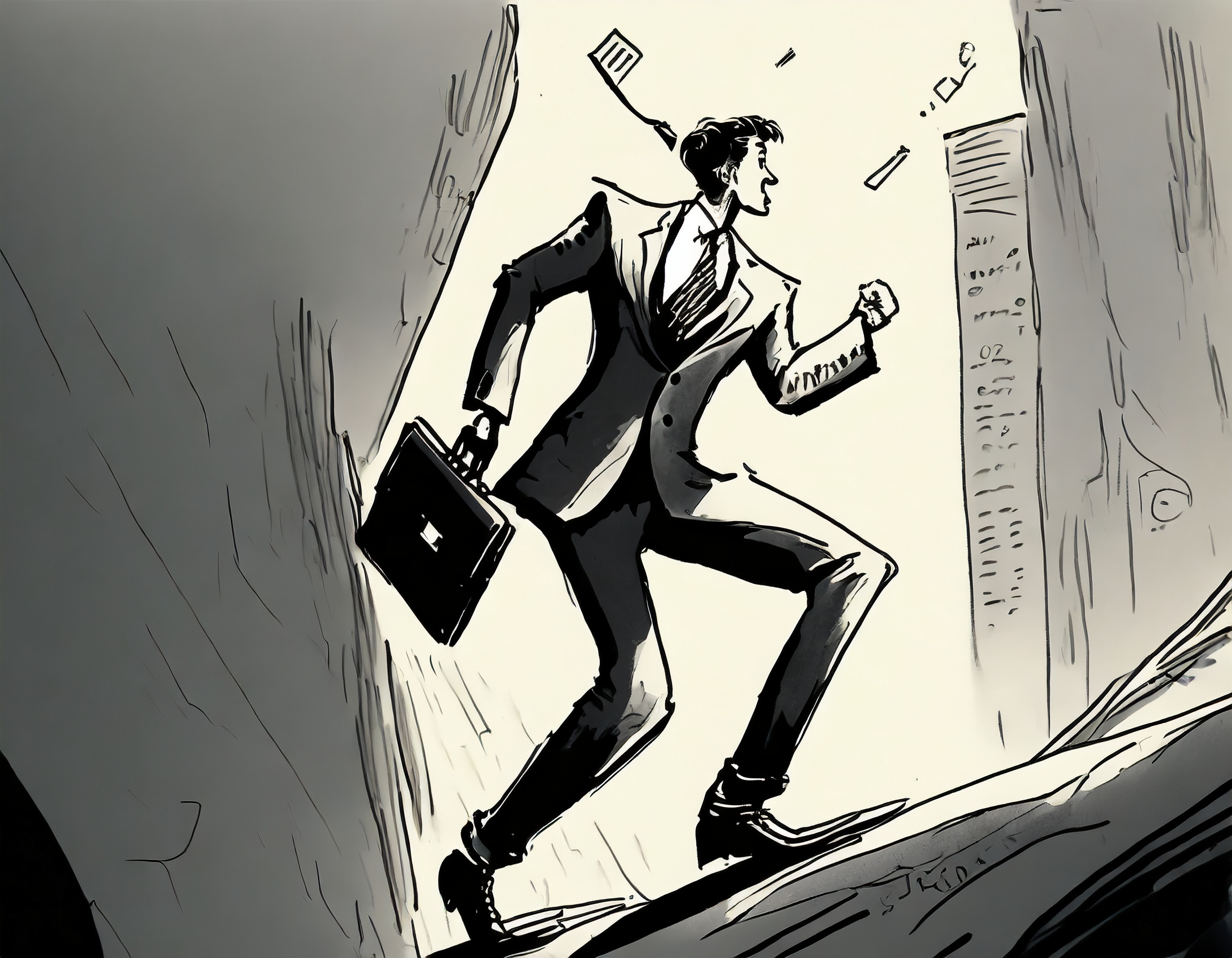 A stylized black and white illustration showing a person in business attire running with a sense of urgency. The figure is depicted mid-stride, with their briefcase swinging in motion and their tie flapping behind them. The background has an abstract design that conveys a sense of rapid movement or possibly wind. The person appears focused and determined, possibly racing against time or heading towards an important event. The artwork has a dynamic, almost comic book-like quality to it