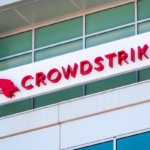 Close up of the Crowdstrike logo at their headquarters in Silicon Valley