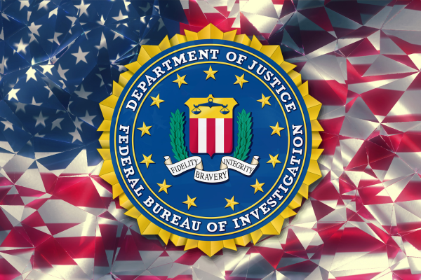 The FBI emblem is centered on a backdrop featuring a stylized American flag with a crystalline or low-poly effect.