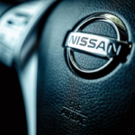 Image of a close-up view of the steering wheel of a Nissan vehicle with a focus on the Nissan emblem in the center.