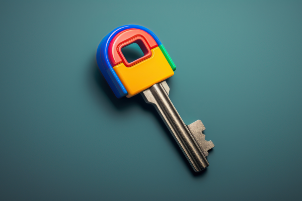 A key with a colorful plastic cover in red, blue, and yellow on the handle symbolizing the Google logo and colors, against a teal background.