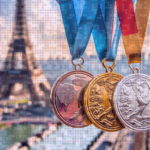 Three olympic metals in front of the eiffel tower with a digital overlay over the picture.