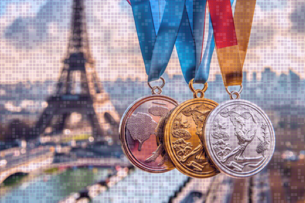 Three olympic metals in front of the eiffel tower with a digital overlay over the picture.