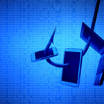 Animated image of a fishing hook that is hooked to a laptop, cell phone, and tablet, with a blue background with binary code visible. Meant to symbolize 'phishing' concept.