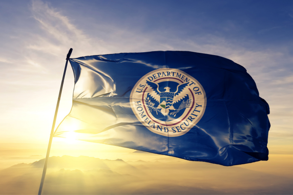 A waving flag with the Department of Homeland Security on it, with the sun shining through the background.