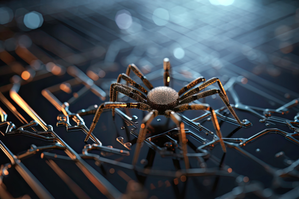 A digitally rendered image of a metallic spider on an electronic circuit board.