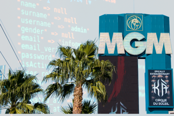 A composite image juxtaposing the facade of the MGM Resorts International building with a background of a computer screen displaying code.