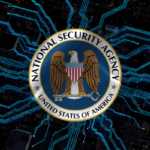 A digital illustration showing the emblem of the National Security Agency (NSA) logo superimposed over a complex network of blue electrical circuitry.