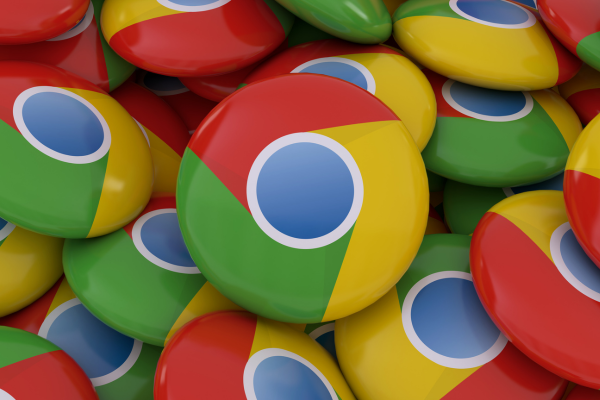 3D rendering of badges with the logo of the Google Chrome browser.