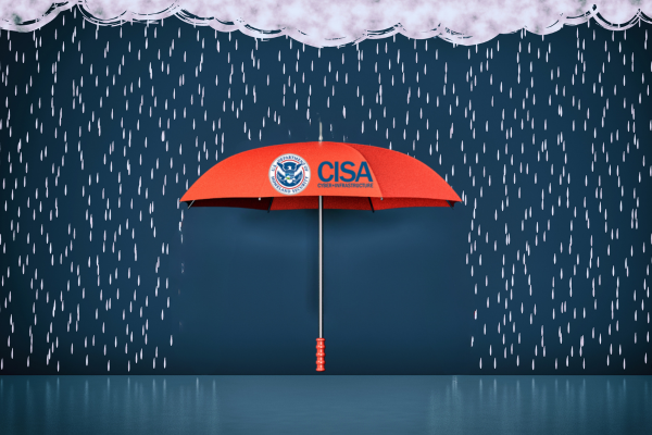 An umbrella with the CISA logo on it protecting from rainy elements, symbolizing cybersecurity shielding and protection.