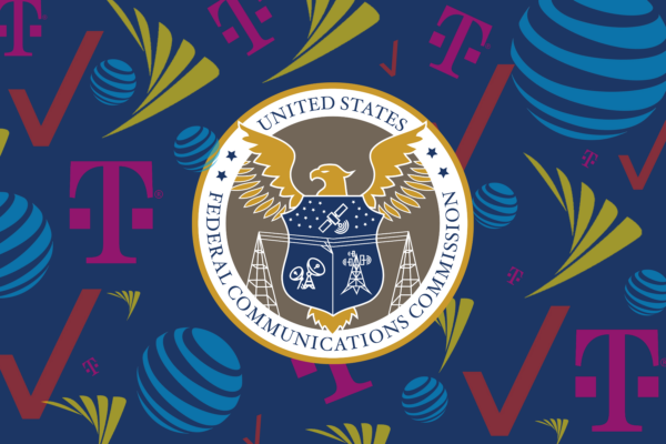 FCC Logo surrounded by mobile carrier logos such as T-Mobile, AT&T, Sprint, and Verizon.