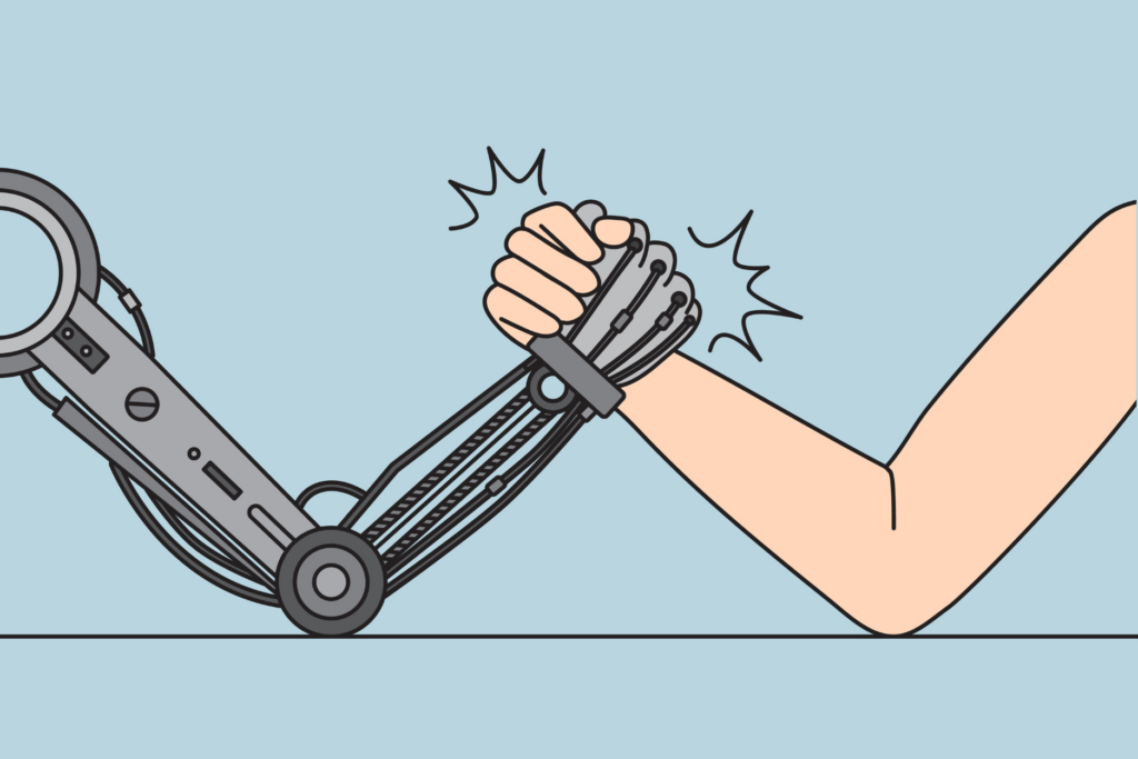 Artificial technologies and competition concept. Hands of human and robot competing in strength power fighting technologies against humans vector illustration.
