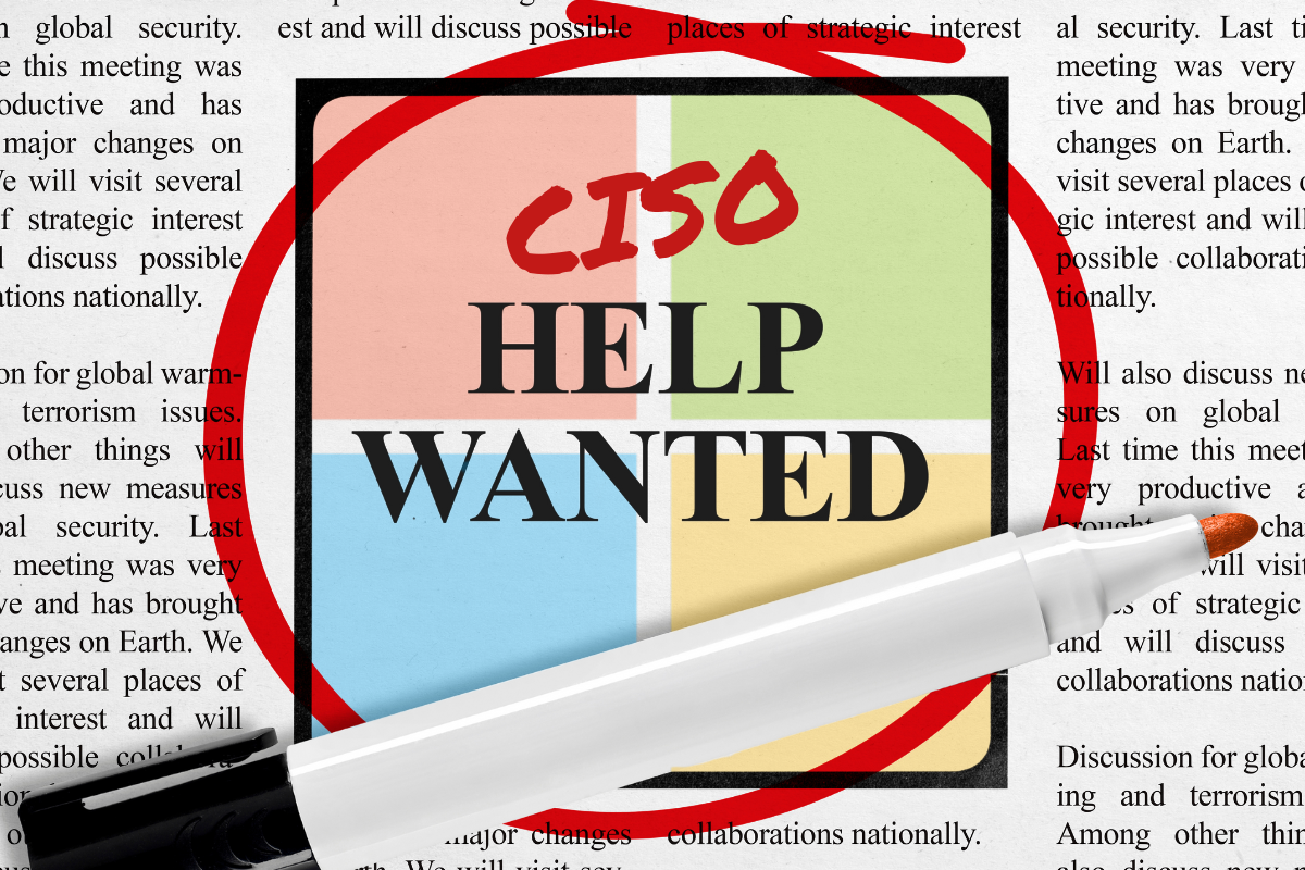 This image features a bold and colorful graphic design with the text "CISO HELP WANTED" prominently displayed.