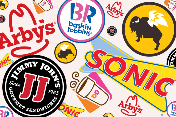 Logos of the brands under Inspire. Arbys, Dunkin', Sonic, Jimmy Johns, and Baskin Robbins