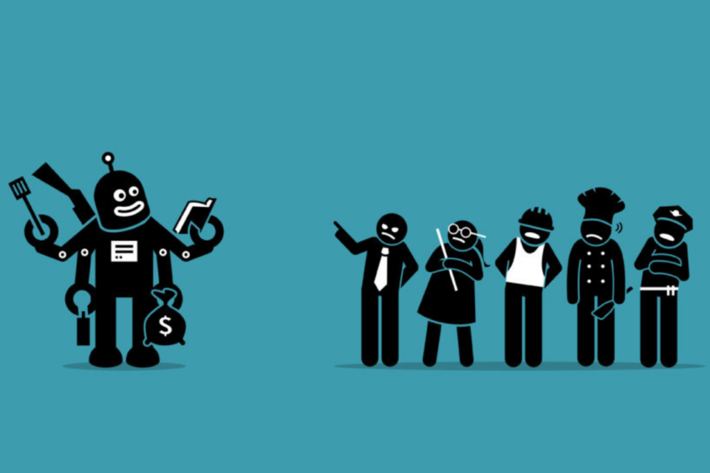 Robot taking over human jobs in the future. Vector artwork depicts a robot working on everything and people are worry about their occupations being replaced and taken over.