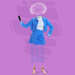 Contemporay art collage. Female businesswoman silhouette with phone and digital brain scheme isolated over purple background