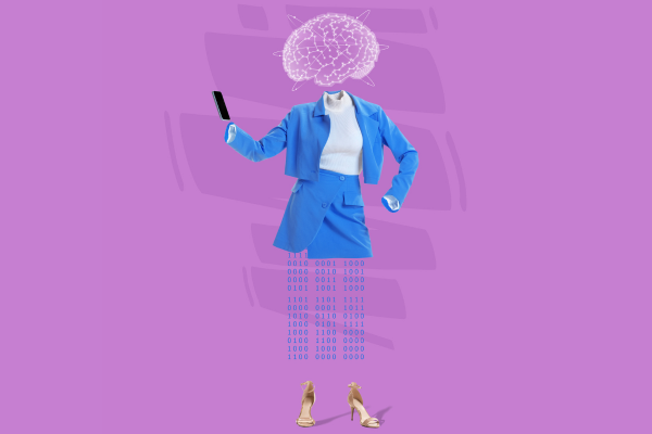 Contemporay art collage. Female businesswoman silhouette with phone and digital brain scheme isolated over purple background