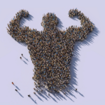 The image displays a large crowd of people arranged to form the shape of a muscular arm flexing its bicep, symbolizing strength in numbers while working together.