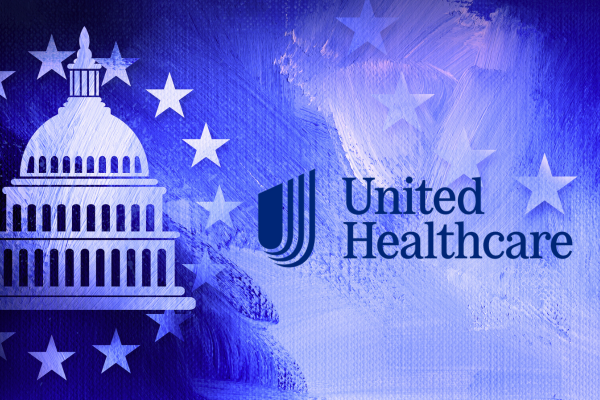 Prominently displayed are a silhouette of the United States Capitol building and the logo of UnitedHealthcare, suggesting a connection between the healthcare company and government or legislative activities.