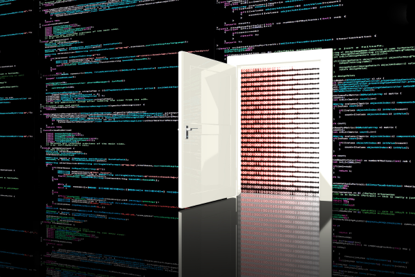 The image features a door that appears to be emerging from a wall of digital code, which covers the entire background. The door is slightly open, revealing a screen filled with binary code, suggesting the exposure of sensitive information.