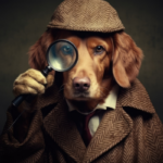 Funny dog detective with glass and coat on dark background.