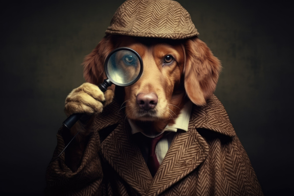Funny dog detective with glass and coat on dark background.