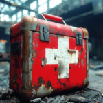 Aged red first aid kit with white cross, lying on a ruined surface.