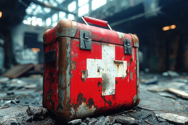 Aged red first aid kit with white cross, lying on a ruined surface.