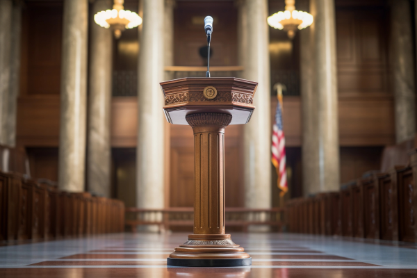 A wooden podium with a microphone in a United States government building, symbolizing a speech or testimony with seats on both sides for an expecting audience.