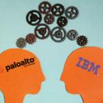 This image features two silhouetted head profiles facing each other against a light blue background. Each head is colored and branded differently: the left head is orange with the "Palo Alto Networks" logo, and the right head is blue with the "IBM" logo. Between the two heads, several interconnected gears of various sizes and designs float, symbolizing the transfer of ideas or collaboration between the two entities.