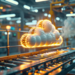 A cloud computing symbol hovering over an assembly line, symbolizing technological advancement and security within the manufacturing sector.