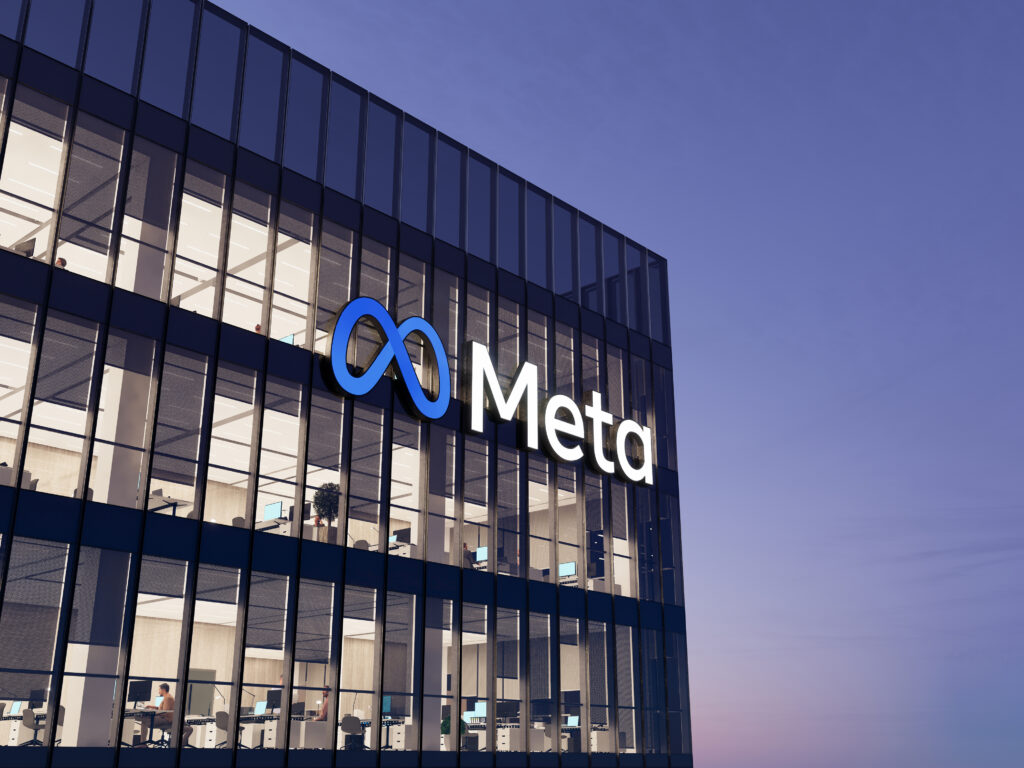 Menlo Park, California, USA. January 9, 2022. Editorial Use Only, 3D CGI. Meta Signage Logo on Top of Glass Building. Metaverse Workplace Technology Service Company High-rise Office Headquarters