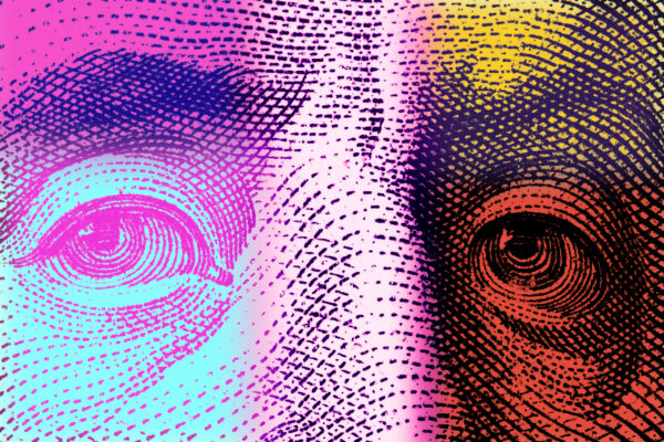Contemporary artwork close up president banknotes face. Digital texture backdrop. Trendy pop art fun culture. Neural network art poster. Funky punk collage design. Creative concept money illustration.