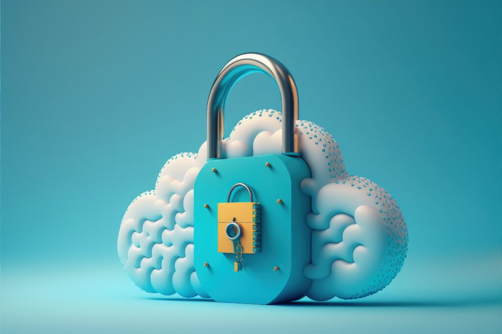 Data cloud with padlock, cloud data security concept, 3D illustration, Generative AI