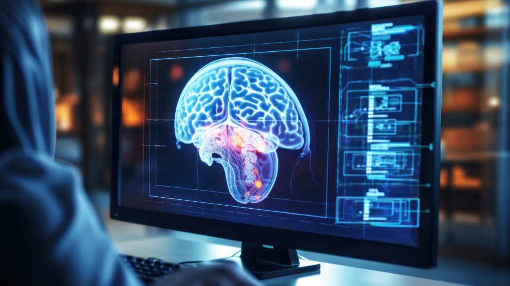 Analyse Patient MRI Scan on Computer Screen, Diagnose Brain, Brain Surgery Concept.