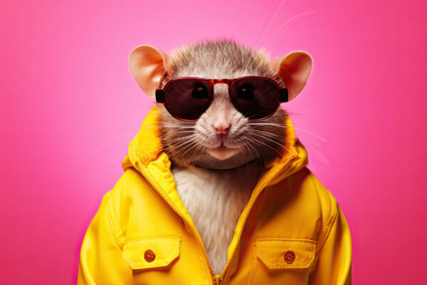 mouse wearing sunglasses and yellow jacket on pink background