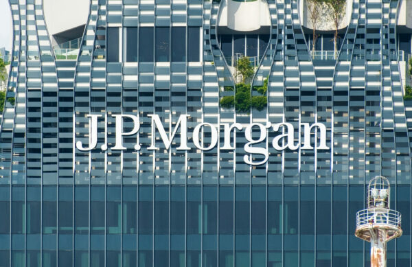 Singapore. February 18, 2024. sign of JP Morgan Bank , on Top of a Building.