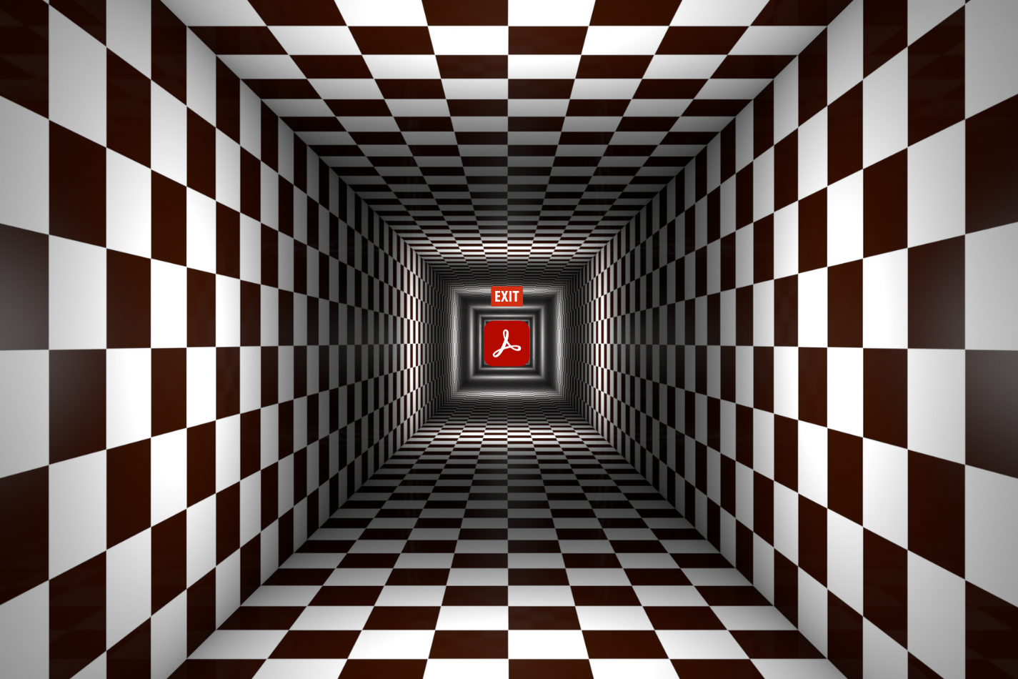 Maze with adobe symbol and exit sign in the back of the maze.