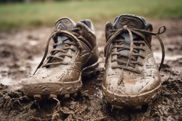 Detailed view of two sports shoes on a muddy soccer field, highlighting their durability.
