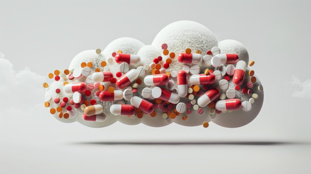 A conceptual 3D illustration of a cloud filled with medical icons such as pills, stethoscopes, and hearts, symbolizing the integration of technology in healthcare.