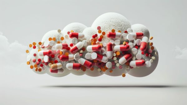 A conceptual 3D illustration of a cloud filled with medical icons such as pills, stethoscopes, and hearts, symbolizing the integration of technology in healthcare.