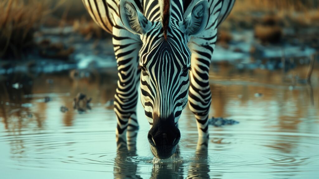 Snap a picture of a zebra drinking from a waterhole.