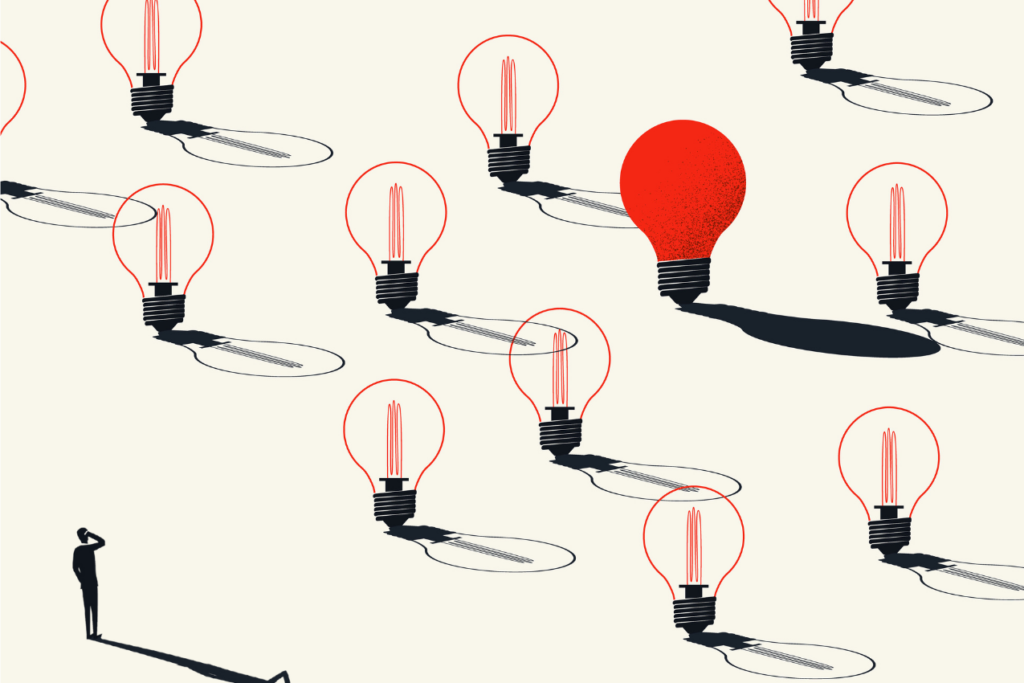 Business creativity, finding new ideas and innovation in technology, vector concept. Symbol of invention, breakthrough.