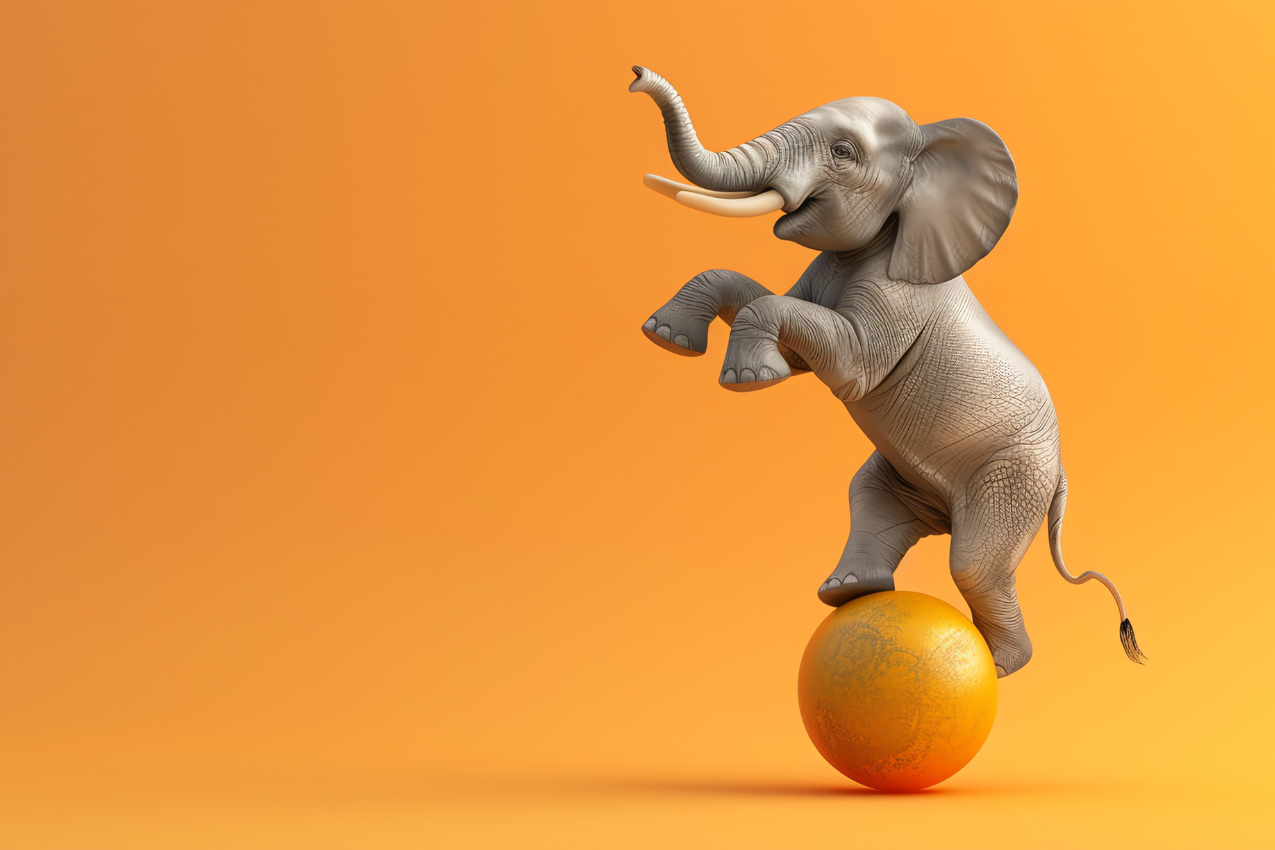 Elephant standing on a ball.