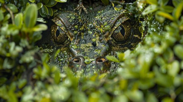 Alligator camouflaged in bushes, representing hidden danger.